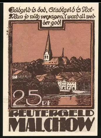 Notgeld Malchow 1922, 25 Pf, Ortsansicht mit Kirche und florales Muster