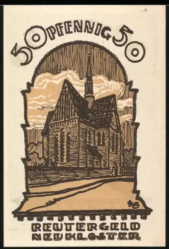 Notgeld Neukloster 1922, 50 Pfennig, Kirche und Tor mit Spruchband