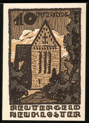Notgeld Neukloster 1922, 10 Pfennig, Kirchenmotiv und Landschaft mit Wolkenformationen
