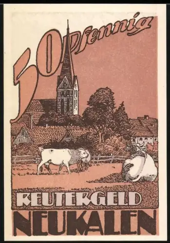 Notgeld Neukalen 1921, 50 Pfennig, Landschaft mit Kirche und Kühen, Störche im Flug und Gedicht
