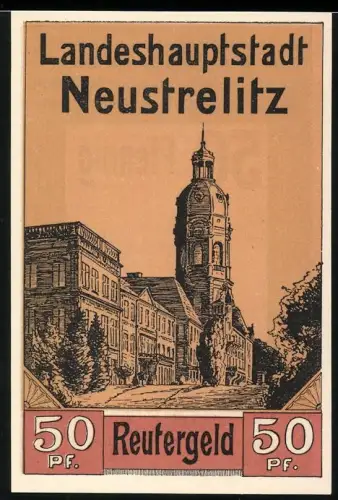 Notgeld Neustrelitz 1921, 50 Pf, Ortsansicht mit Turm und Gebäude