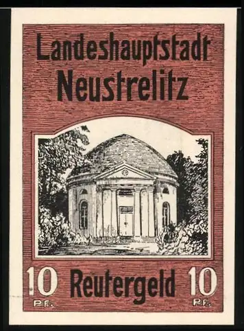 Notgeld Neustrelitz 1922, 10 Pf, Tempel und Brunnenmotiv