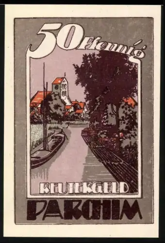 Notgeld Parchim 1922, 50 Pfennig, Ortsansicht mit Kirche und Mann auf Baum mit Mond