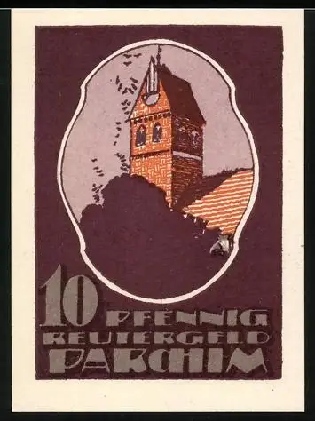 Notgeld Parchim 1922, 10 Pfennig, Kirchturm und Mann im Bett