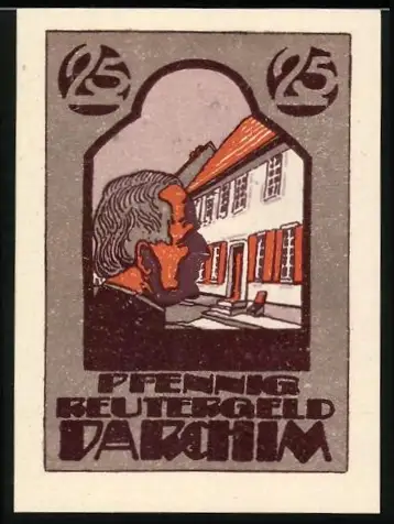 Notgeld Parchim 1922, 25 Pfennig, Porträt und Ortsansicht mit Tieren und Spruch