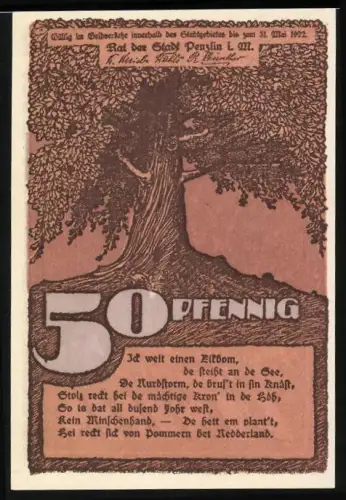 Notgeld Penzlin i. M. 1922, 50 Pfennig, Eiche und Ortsansicht mit Kirche