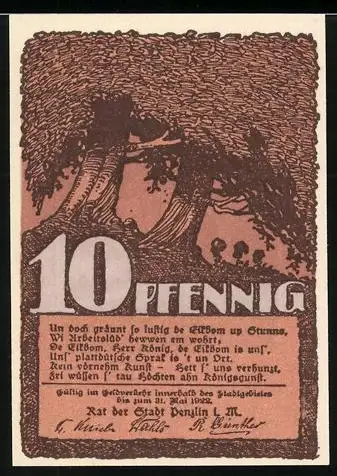 Notgeld Penzlin i. M., 10 Pfennig, Haus und Bäume im Wind