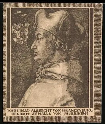 Notgeld Halle /Saale, 20 Pf., Kardinal Albrecht von Brandenburg mit Wappen, regierte zu Halle 1513-1541