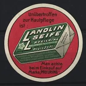Reklamemarke Lanolin Seife, Pfeilring, Seifenpackung