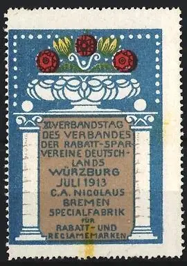 Reklamemarke Würzburg, Verbandstag Rabatt-Sparvereine 1913, blumengeschmückte Säule