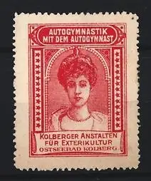Reklamemarke Kolberg, Autogymnastik mit dem Autogymnast, Frauenportrait