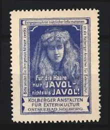Reklamemarke Kolberg, Javil Haarpflegemittel, Frau mit langem Haar