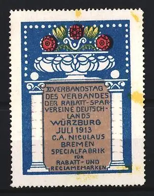 Reklamemarke Würzburg, XI. Verbandstag der Rabatt-Spar-Vereine Juli 1913, Blumensäule