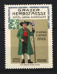 Reklamemarke Graz, Grazer Herbstmesse 1913, Trachtenträger mit Wanderstab