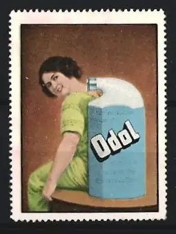 Reklamemarke Odol, Mundspülwasser, Frau mit Flasche, Odol-Logo