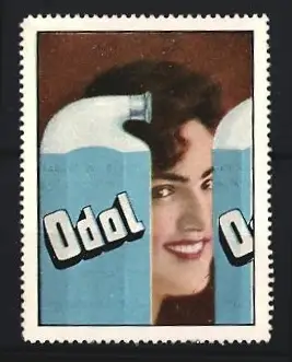 Reklamemarke Odol, Zahn- und Mundpflege, Frau mit Odol-Flasche