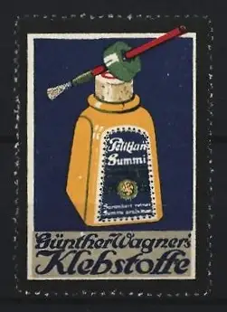 Reklamemarke Günther Wagner, Pelikan, Klebstoffe, Flasche mit Pinsel