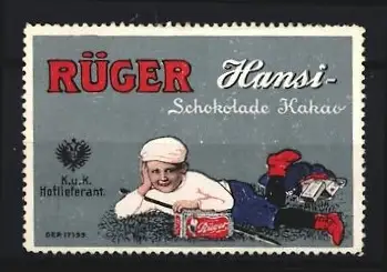 Reklamemarke Rüger, Hansi-Schokolade, Kind mit Schokolade