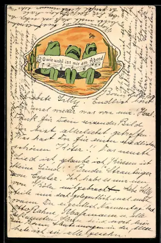 Lithographie Drei Frösche sitzen und singen zusammen