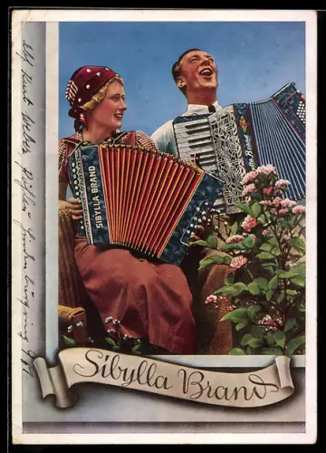 AK Reklame für Sibylla Brand Akkordeon, Akkordeonisten musizieren gemeinsam