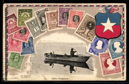 AK Briefmarken Chile, Wappen, Indios Fueguinos