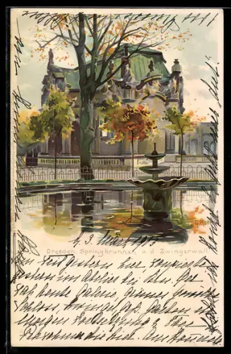 Lithographie Dresden, Springbrunnen a. d. Zwingerwall