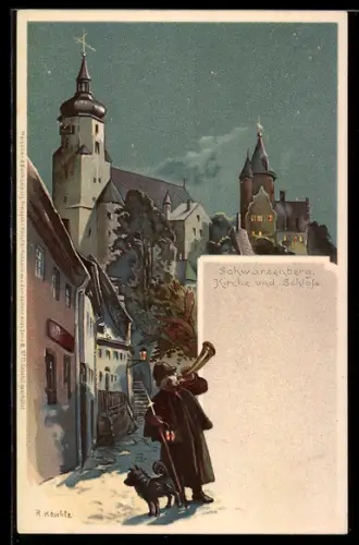 Künstler-Lithographie Meissner & Buch (M&B) Nr. III /11: Schwarzenberg, Kirche und Schloss, Nachtwächter mit seinem Hund