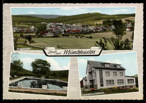AK Münchhausen /Marburg, Gasthaus-Pension K. Schmidt, Schwimmbad, Ortsansicht