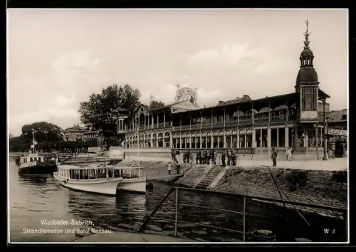 AK Wiesbaden-Biebrich, Strandterrasse und Hotel Nassau