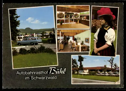 AK Steinbach /Baden, Autobahnrasthof Bühl, Gustl Oser, Innenansicht, Frau in Tracht