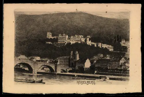 Künstler-AK Heidelberg, Blick auf die Schlossruine und Neckarbrücke