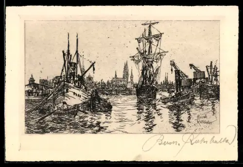 Künstler-AK Lübeck, Stadtansicht vom Hafen aus