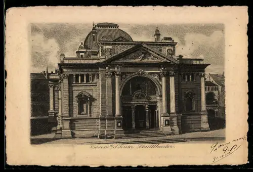 Künstler-AK Essen a. d. Ruhr, Frontansicht vom Stadttheater