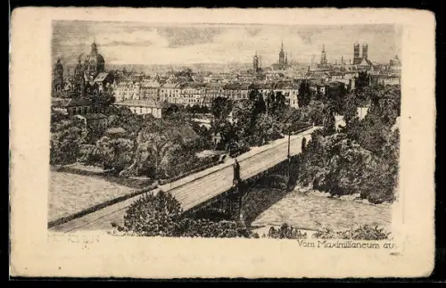 Künstler-AK München, Blick über die Stadt vom Maximilianeum aus