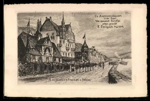 Künstler-AK Assmannshausen a. Rhein, Uferpartie am Rhein mit Gasthaus Krone