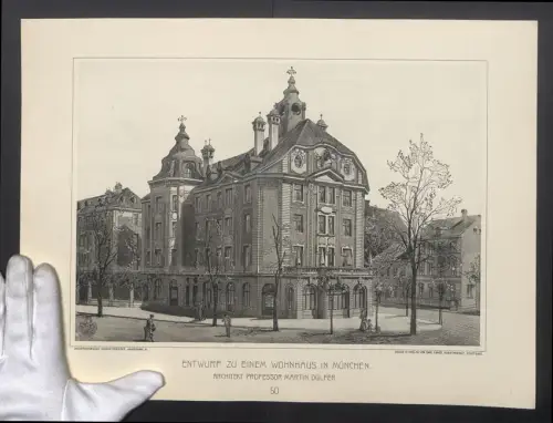 Fotografie Lichtdruck Carl Ebner, Stuttgart, Ansicht München, Entwurf zu einem Wohnhaus von Prof. Martin Dülfer
