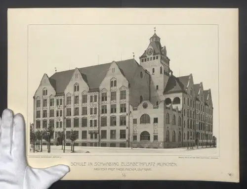 Fotografie Lichtdruck Carl Ebner, Stuttgart, Ansicht München, Schule in Schwabing Elisabethplatz, Arch. Theod. Fischer