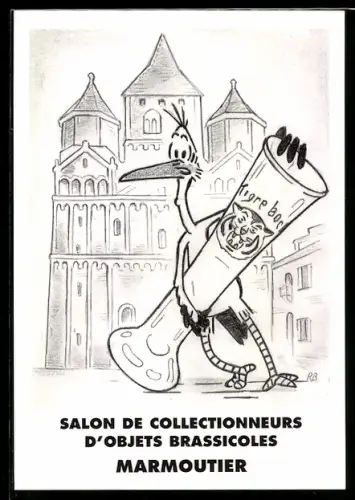 AK Marmoutier, Salon de Collectionneurs d`objets Brassicoles, Storch mit Bierglas vor der Kirche