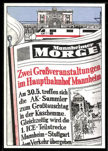 AK Mannheim, 1. Ansichtskarten-Grosstauschtag 1987 in der Kaschemme Mannheim, ICE am Hauptbahnhof