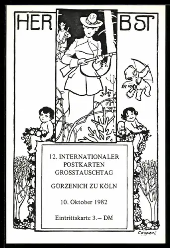 AK 12. Internationaler Postkarten-Grosstauschtag 1982, Gürzenich zu Köln, Frau in Jagdkleidung