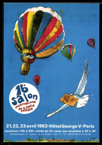 AK Paris, 16e Salon International de la Carte Postale 1983, Ansichtskartenbörse, Ballon und Taube mit Brief
