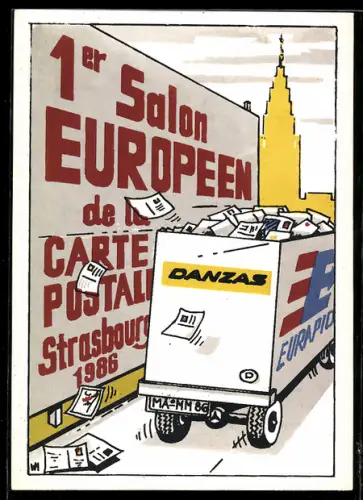 AK Strasbourg, 1er Salon Europeen de la Carte Postale 1986, Ansichtskartenbörse, Post-LKW mit Briefen