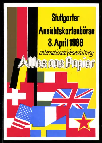 AK Stuttgart, Ansichtskartenbörse 1989, Internationale Veranstaltung, Fahnen verschiedener Staaten