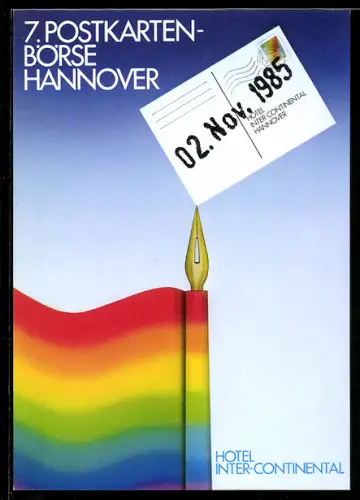 AK Hannover, 7. Postkartenbörse 1985, Regenbogenfahne und Postkarte mit Jahreszahl