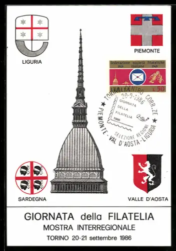 AK Torino, Giornata della Filatelia 1986, Mostra Interregionale, Wappen Ligurien und Piemont
