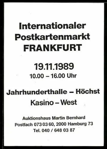AK Frankfurt, Internationaler Postkartenmarkt 1989, Jahrhunderthalle Höchst, Ansichtskartenbörse