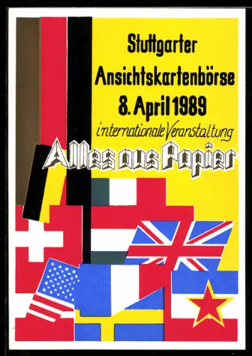 AK Stuttgart, Ansichtskartenbörse Internationale Veranstaltung 1989, internationale Fahnen