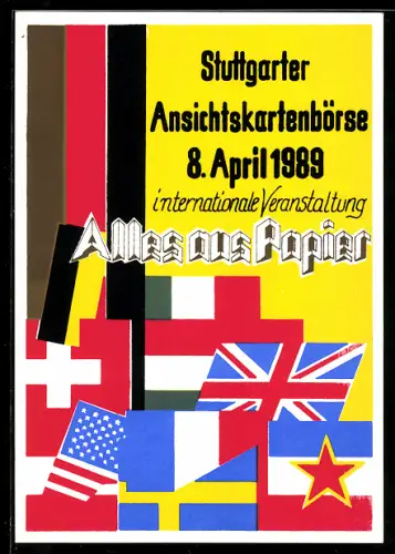 AK Stuttgart, Ansichtskartenbörse Internationale Veranstaltung 1989, internationale Fahnen