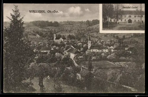 AK Wallern /Ob. Öst., Eberstaller`s Gasthof, Panorama mit zwei Kirchtürmen