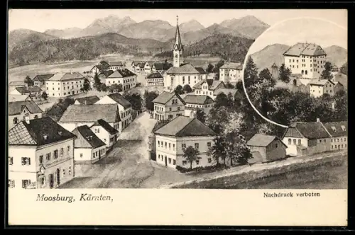 Künstler-AK Moosburg /Kärnten, Panorama mit Kirche und Schloss